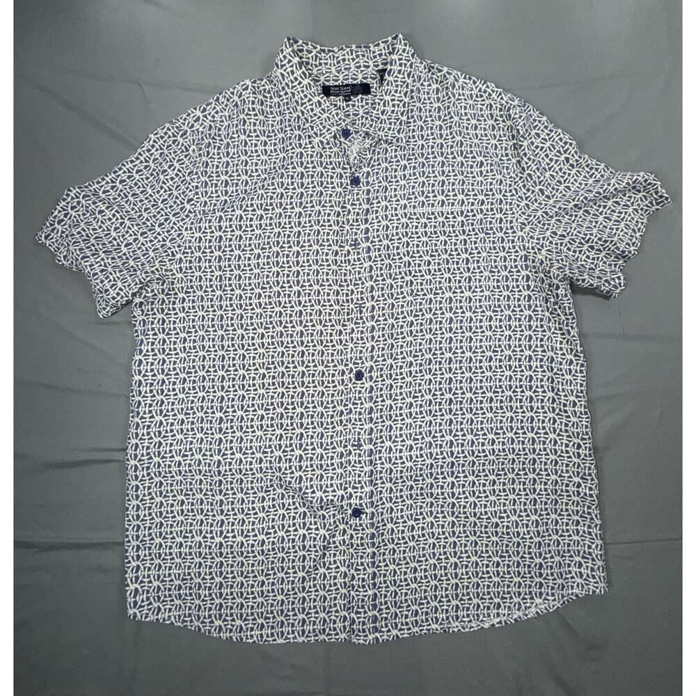 Nat Nast Shirt Mens XL Blue Geometric Silk Lyocell Vented Short Sleeve Button